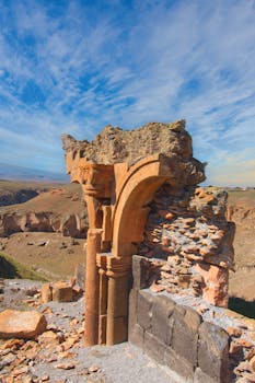 Explore the ancient ruins of Ani in Kars, Türkiye, captured under vibrant blue skies.