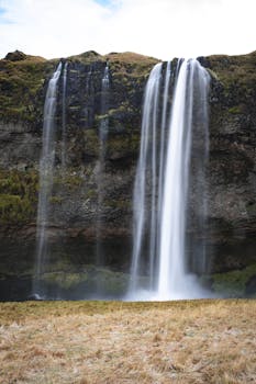 Spectacular vertical view of Seljalandsfoss waterfall in Iceland's stunning landscape.