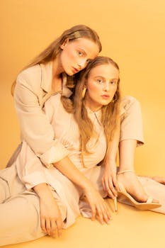 Elegant portrait of two women with long hair and neutral outfits in a warm yellow setting.