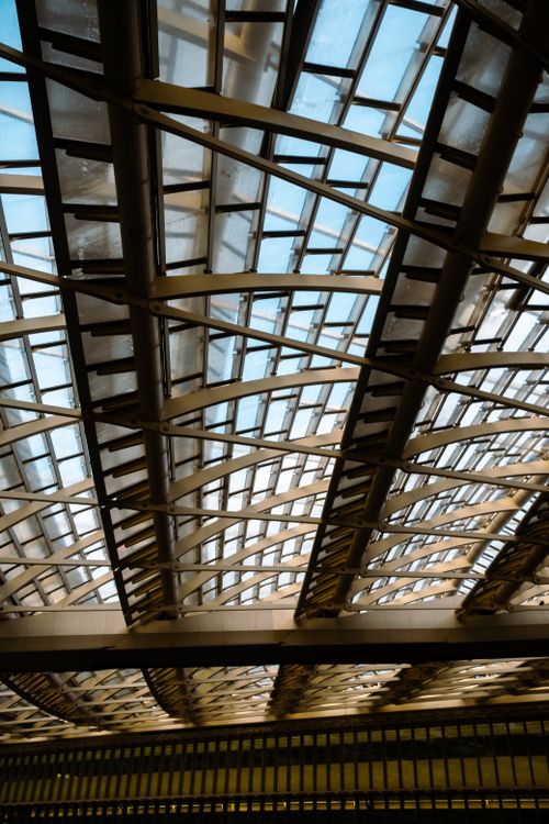 Free Modern architecture featuring a glass ceiling with intricate metal framework in a low angle view. Stock Photo