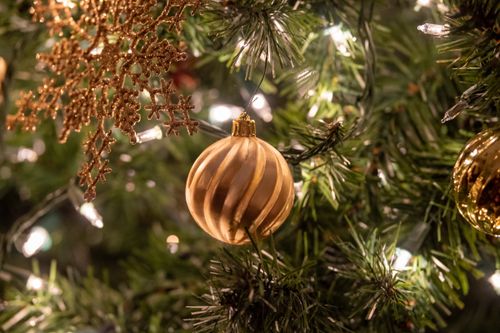 Free Close-up of a golden Christmas ornament on a festive tree, highlighting the holiday spirit. Stock Photo