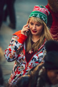 Woman in holiday attire making a phone call outdoors, wearing a Christmas-themed beanie.