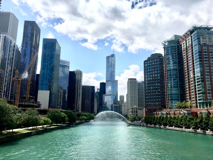 River Between Trees And City Skyscrapers