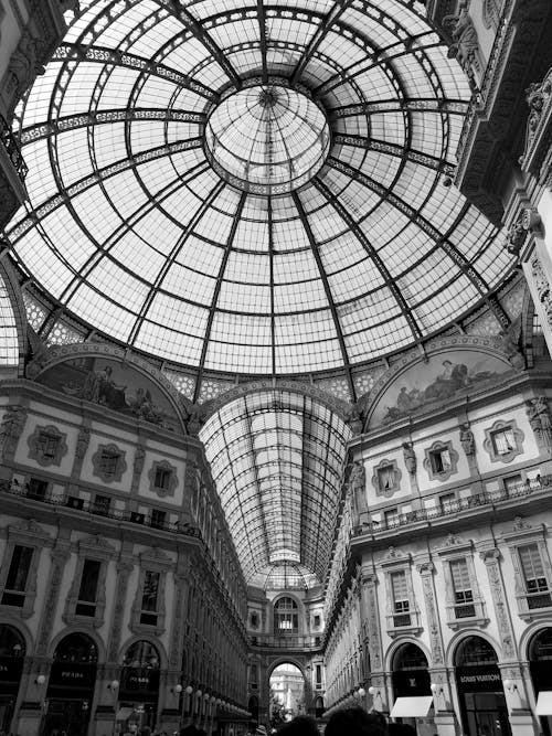 A Grayscale of the Galleria Vittorio Emanuel II in Italy