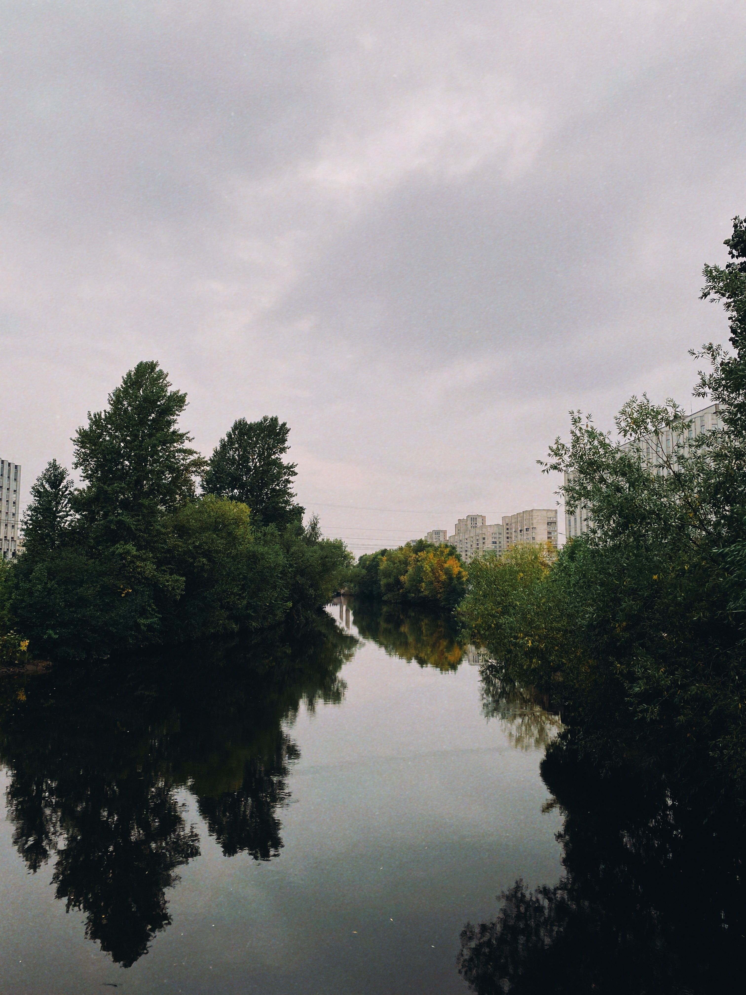 A tranquil river scene with lush trees, overcast sky, and modern buildings.