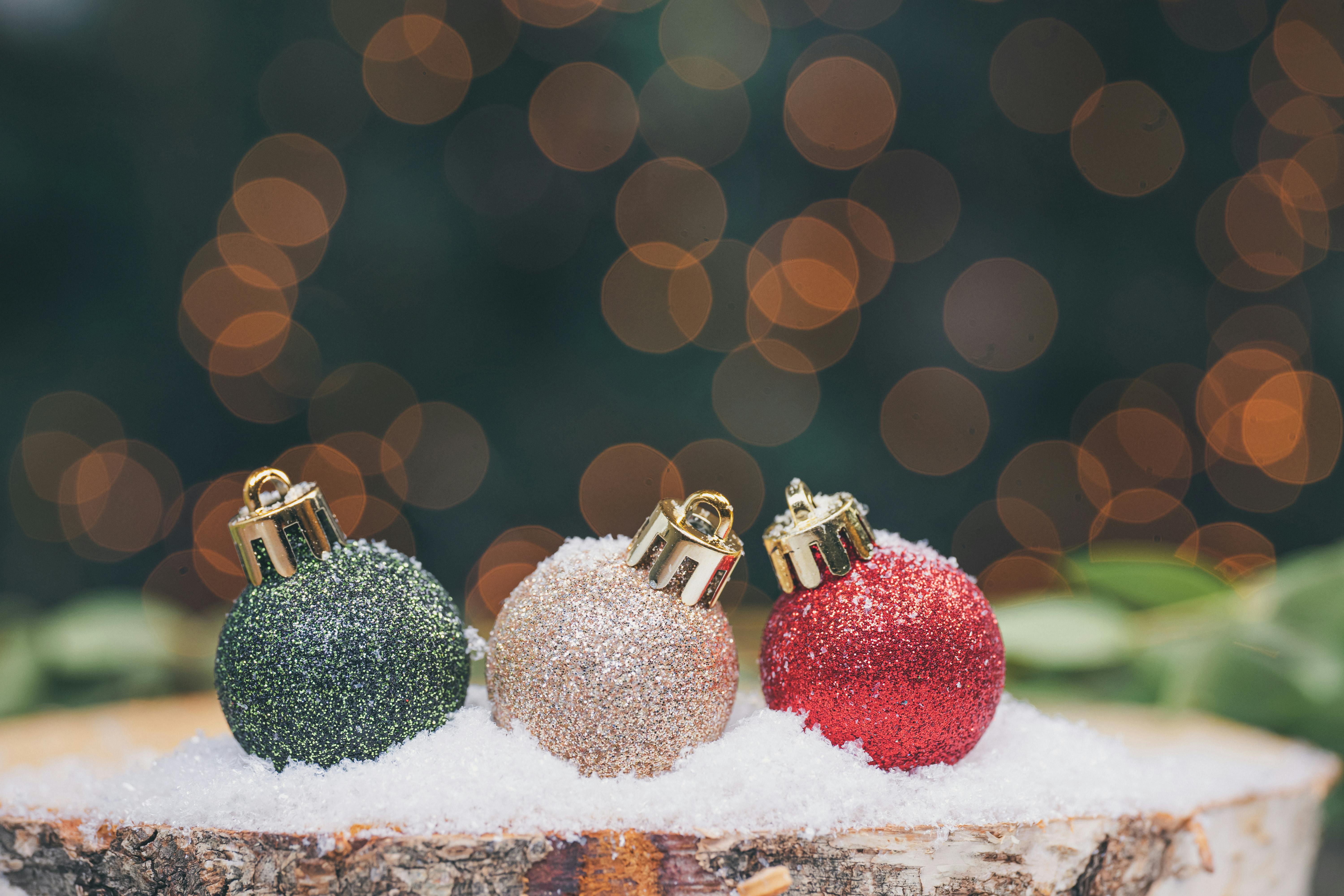 a close up shot of christmas baubles