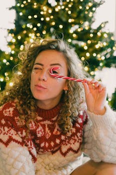 Woman in knitted sweater holding candy cane near eye with Christmas tree in background.