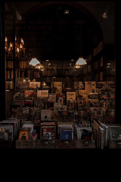 Free A warm and inviting bookstore featuring various books under gentle chandeliers. Stock Photo