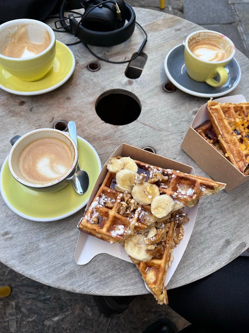 Free Waffles and Coffee on a Table Stock Photo