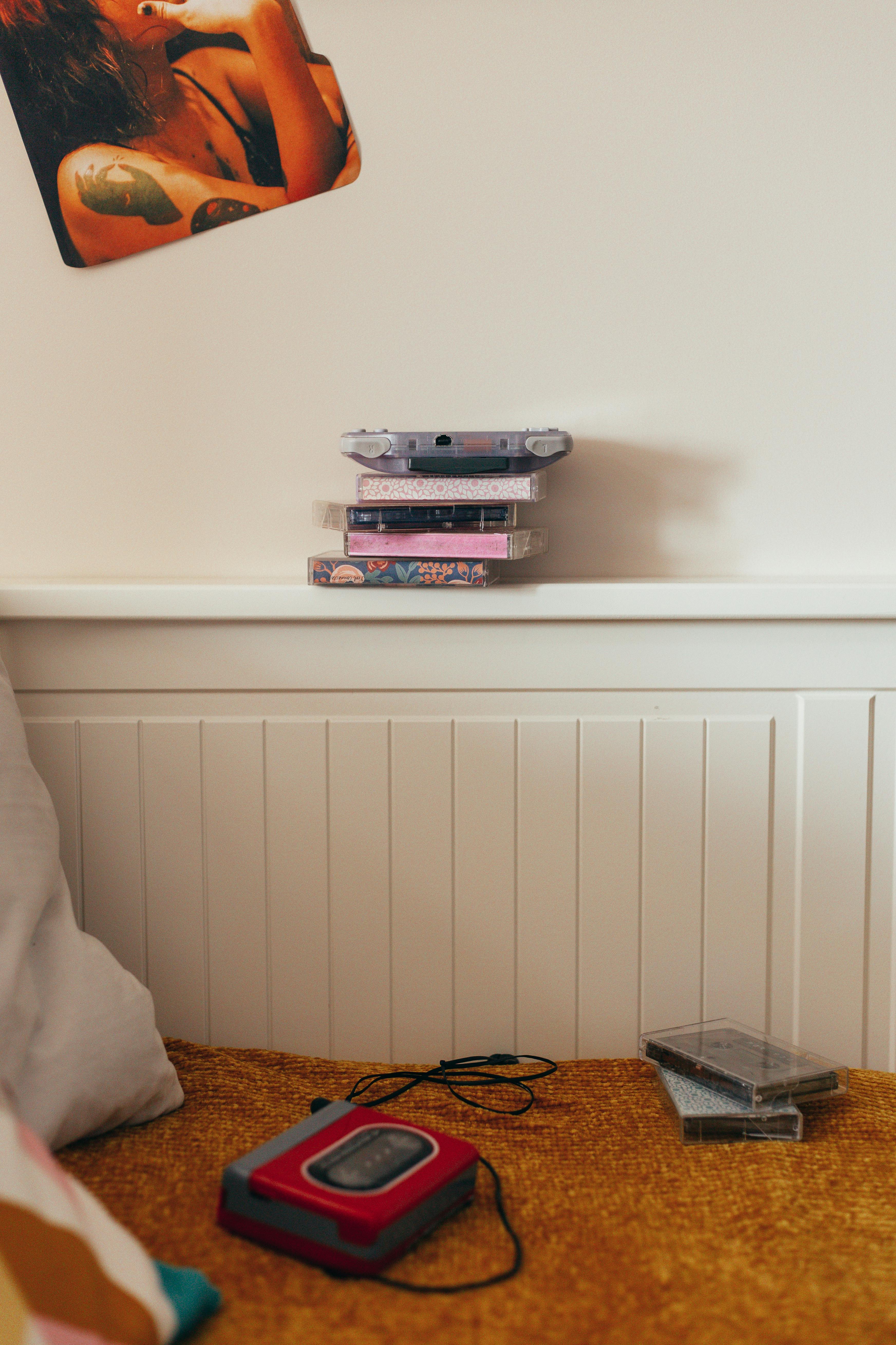 cassette player on the bed