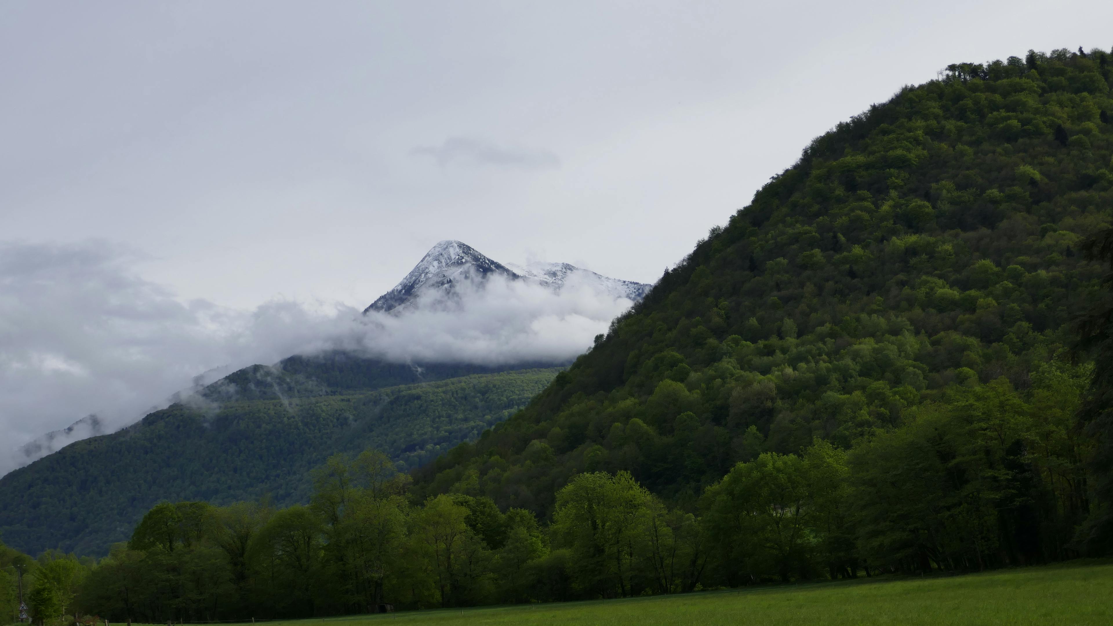 法国卡杰尔山周围环绕着春天的绿叶和薄雾，景色壮丽