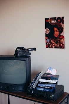Retro interior featuring vintage TV, camcorder, and music posters.