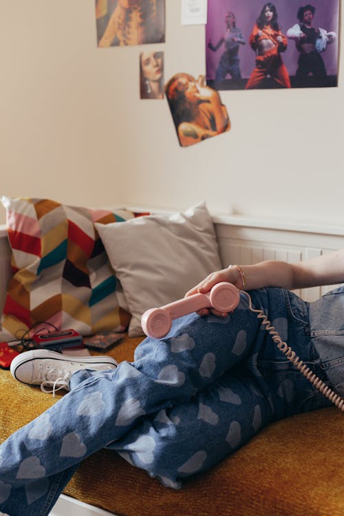 Free Person Holding a Telephone Handset Stock Photo