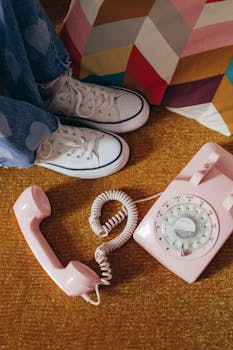 Vintage rotary phone beside stylish sneakers on colorful carpet evokes nostalgic 90s fashion.