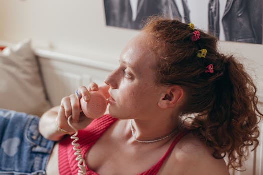 A young woman with hair clips talks on a vintage phone indoors.