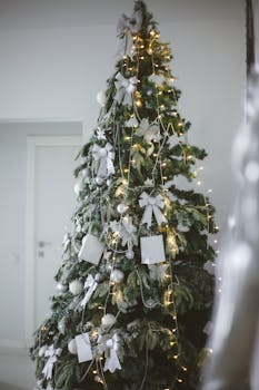 Beautifully decorated Christmas tree with white ornaments and lights creating a serene holiday atmosphere.