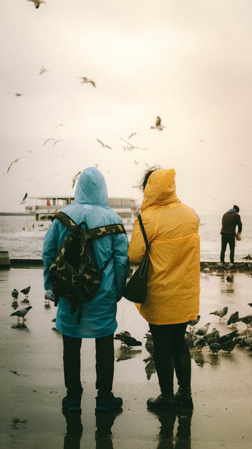 Two People in Yellow and Blue Raincoats Standing on Wet Pavement Near Body of Water