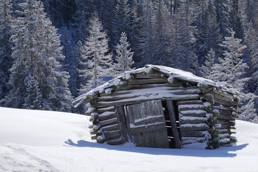 A picturesque log cabin covered in snow, set in the winter woods of Trentino-Alto Adige, Italy.