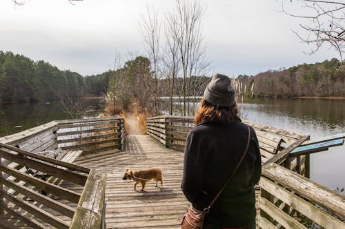 Woman Walking on Dock With Dog