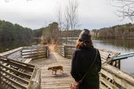 一名妇女和她的狗在宁静湖边的木码头上平静地散步
