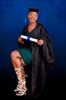 Portrait of a smiling woman in graduation attire holding a diploma, symbolizing achievement and success.