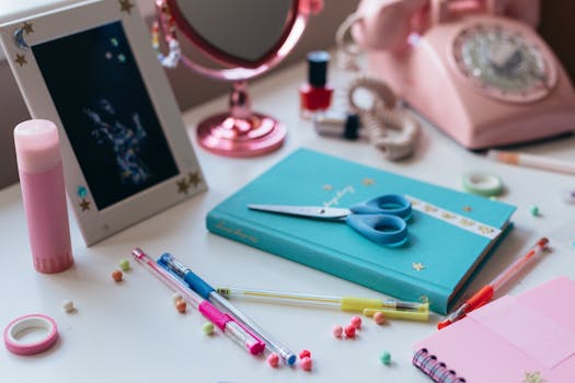 A vibrant desk setup with colorful stationery, vintage telephone, and a framed artwork.