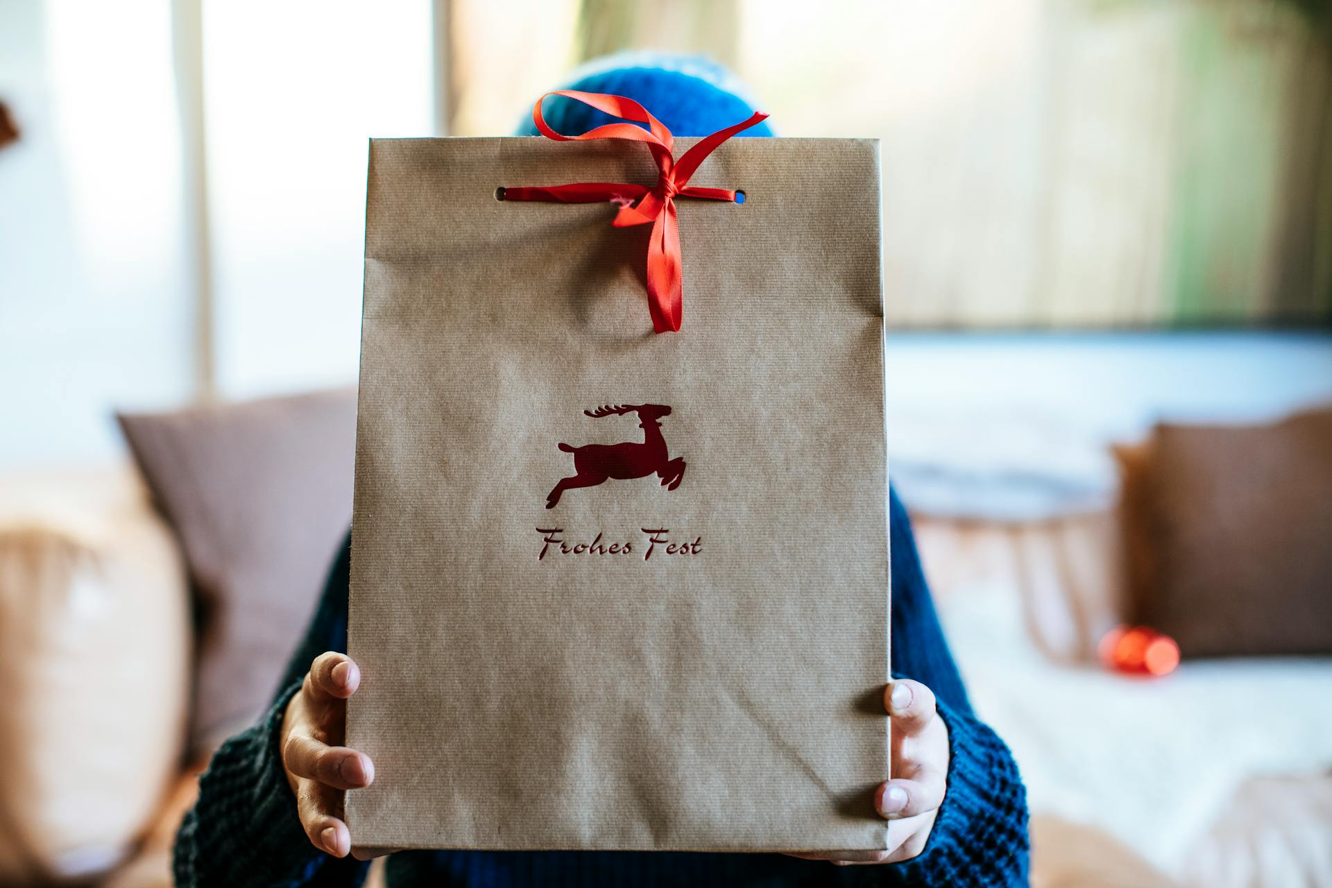 A close-up of hands holding a festive paper gift bag with a red ribbon, indoors.