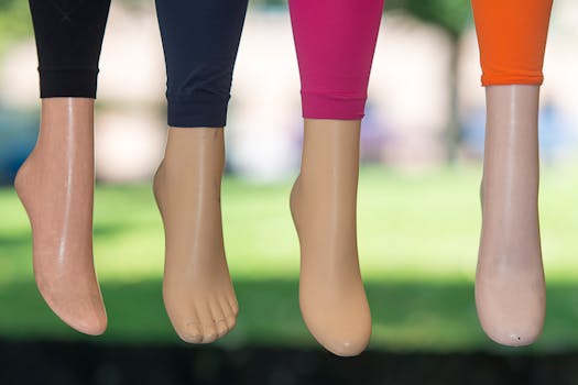Four mannequin legs wearing colorful leggings hanging outside. Bright and vibrant display.