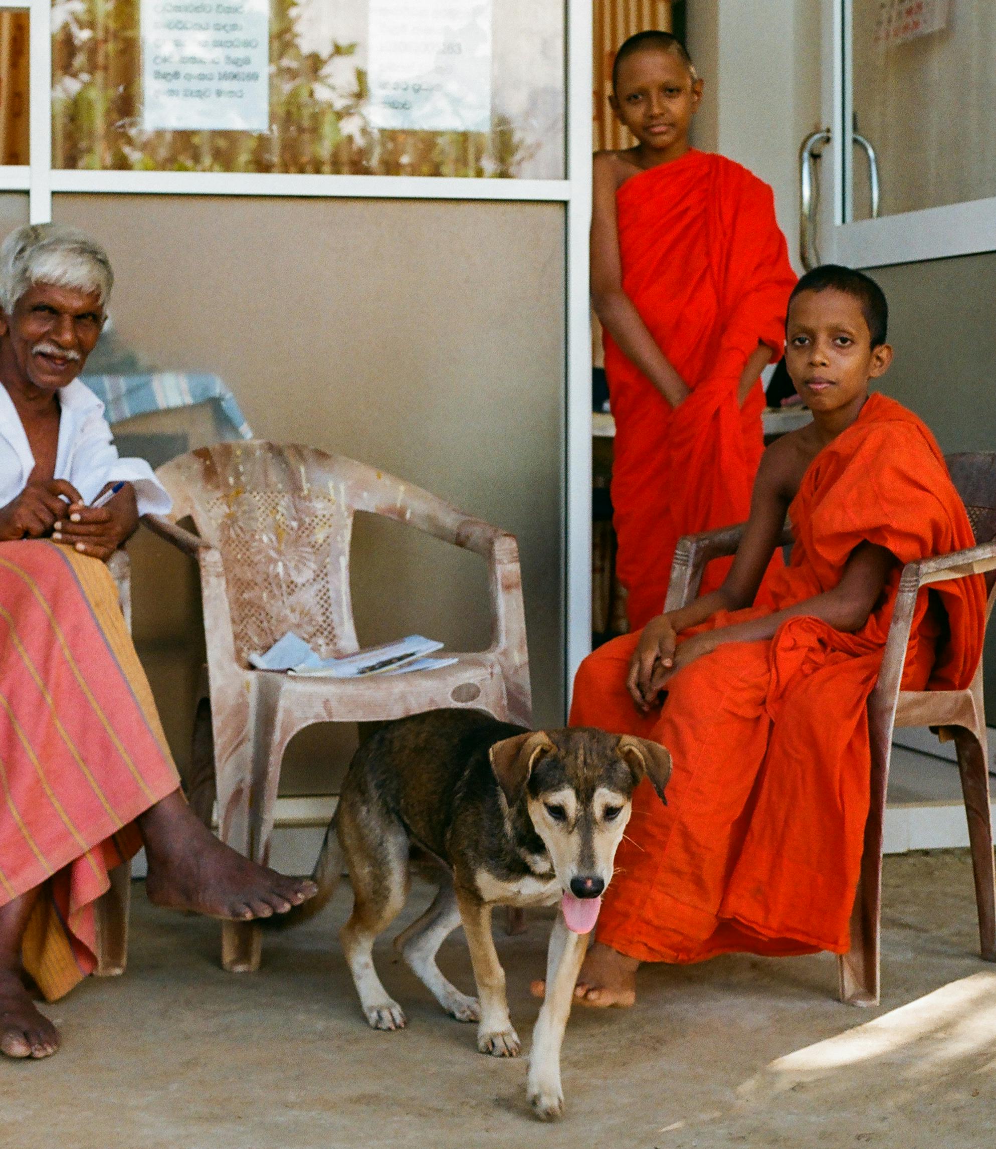 Elderly man and young monks in traditional attire sit with a dog outdoors.