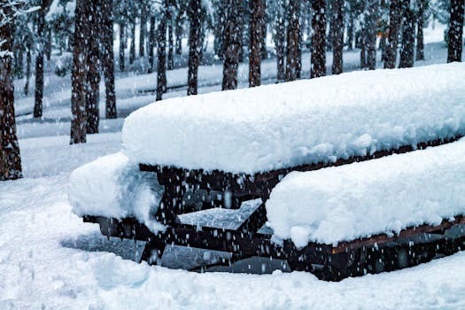 A snowy picnic bench surrounded by frosted trees in a winter forest in Konya, Turkey.