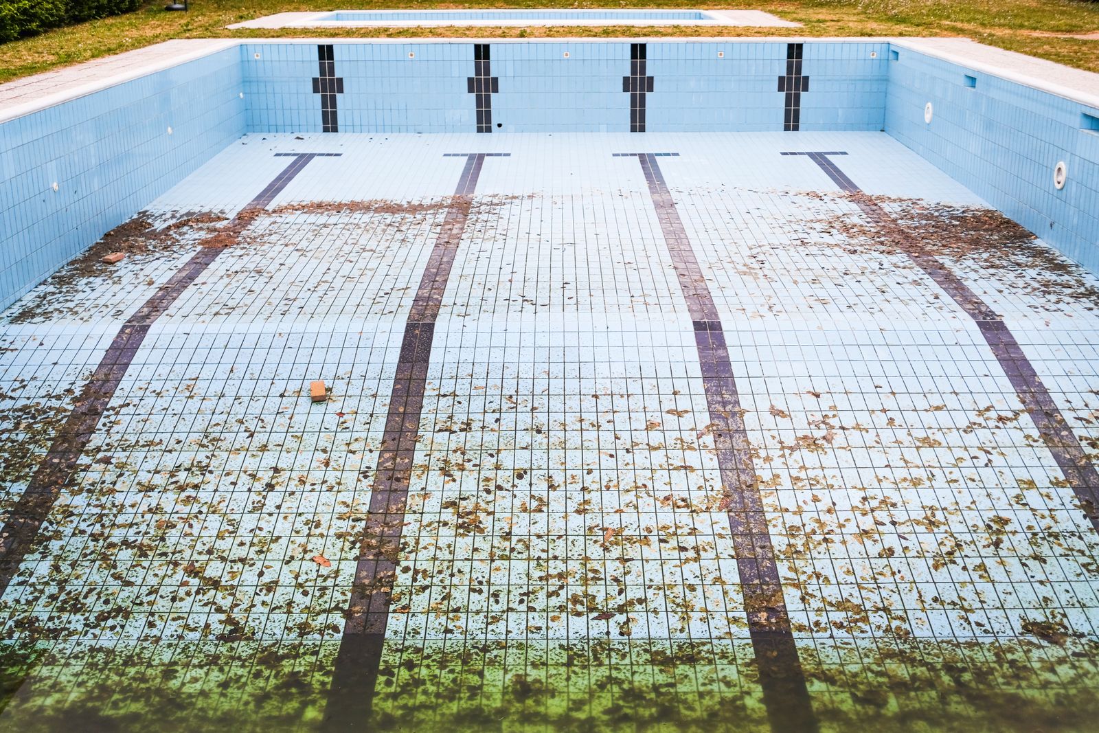 An empty outdoor pool with faded lane lines, its tiles covered in dry leaves