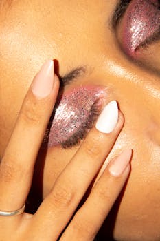 A close-up shot showcasing glitter makeup with elegant nails highlighting beauty and fashion.