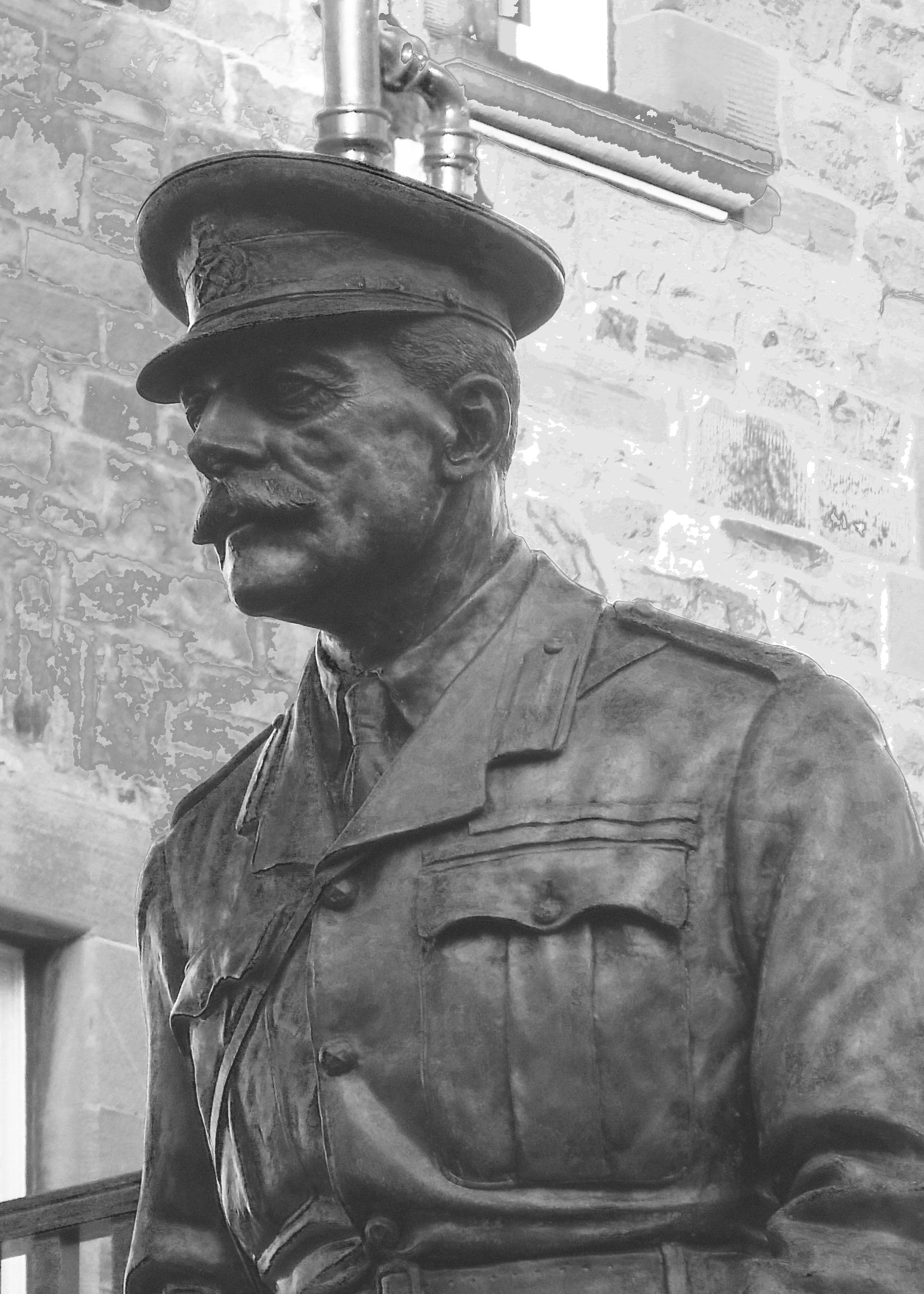 Bronze statue of a military officer with mustache in Edinburgh, Scotland.