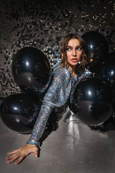 Stylish woman in glitter outfit surrounded by black balloons in a chic indoor setting.