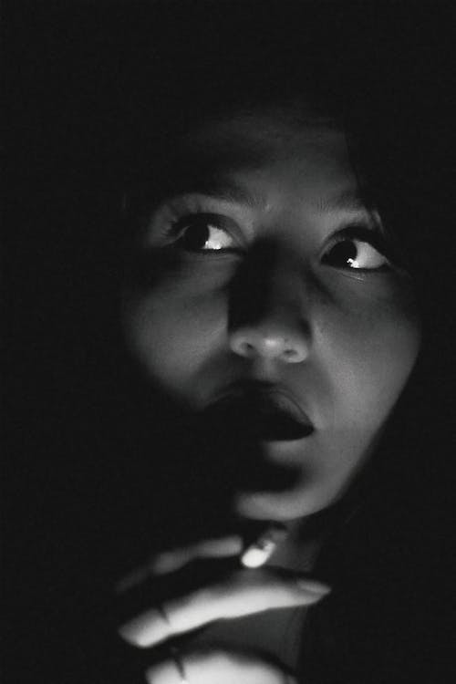 Grayscale Close-up of a  Woman Holding a Cigarette