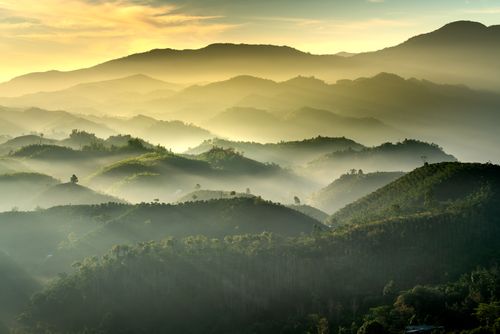Free Captivating sunrise over misty mountains in Bảo Lộc, revealing scenic beauty. Stock Photo