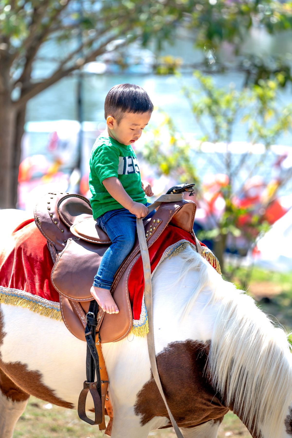 A young child enjoying a pony ride outdoors on a sunny day