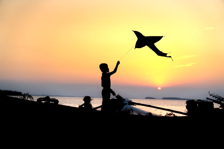 Silhouette Of Boy With Kite At Sunset