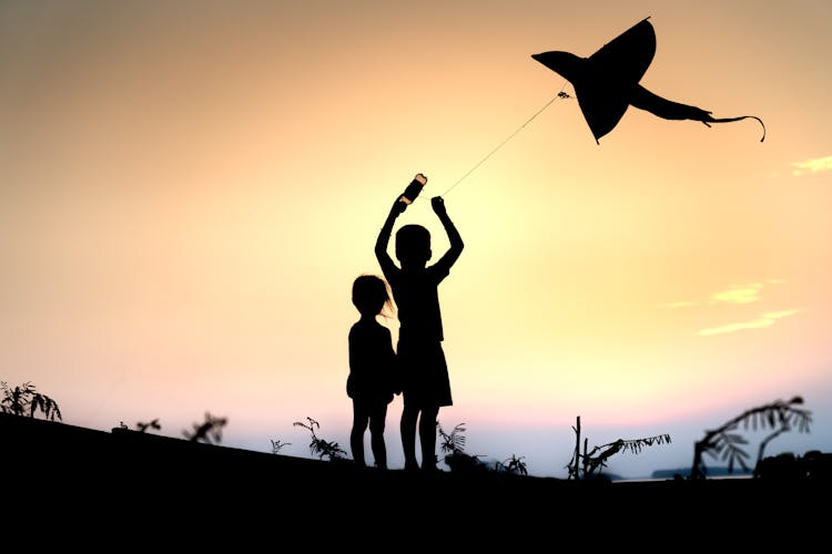 Silhouette Of Children With Kite