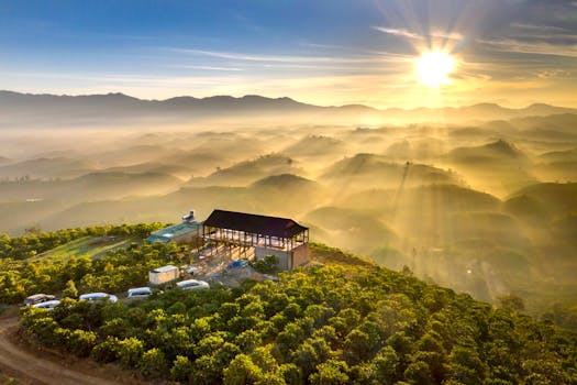 Stunning aerial shot of misty hills at sunrise capturing nature's beauty.