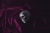 Silver Skull on Red Textile