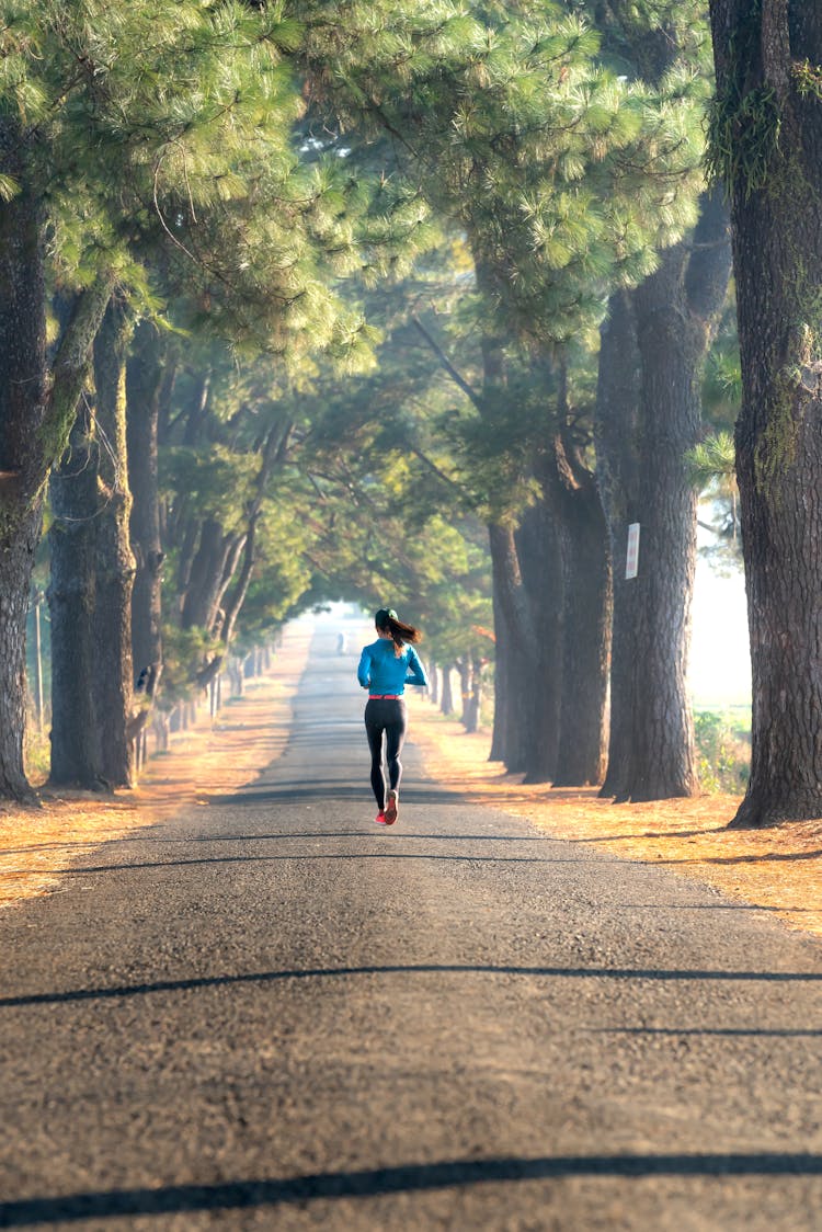 Woman Jogging On Path Among Trees