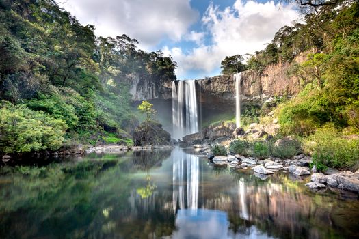 Beautiful waterfall cascading into a serene pool surrounded by lush greenery in Vietnam.