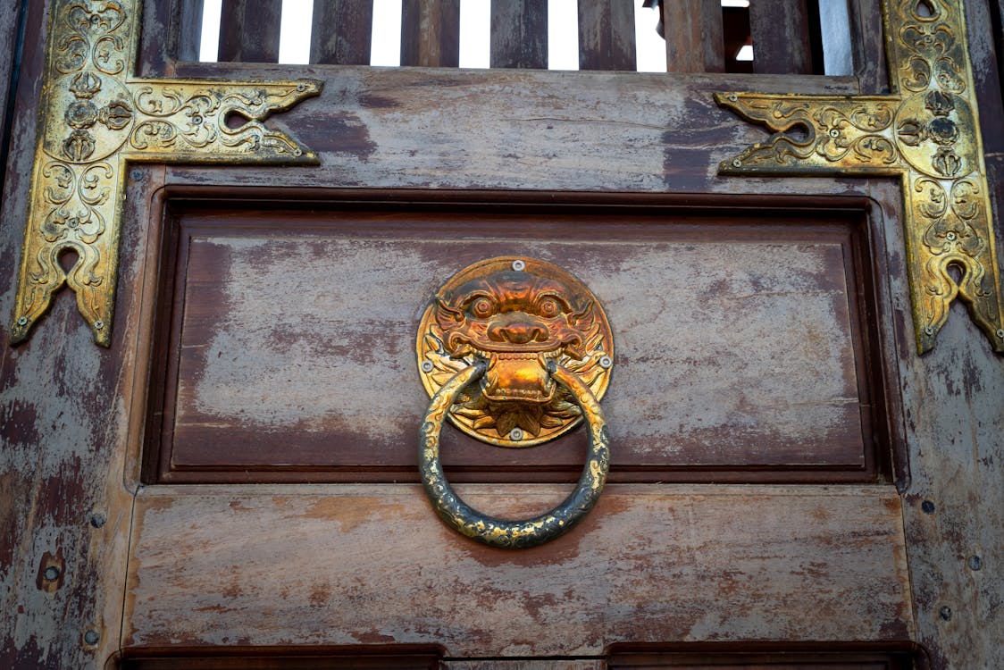 Old Wooden Gate with Decorative Metal Doorknocker