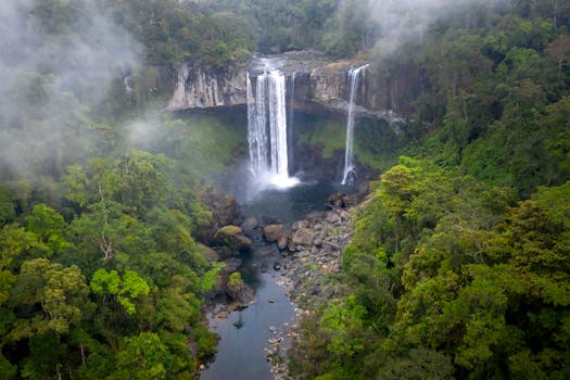 A stunning aerial view of a cascading waterfall surrounded by lush greenery in a tranquil forest setting.