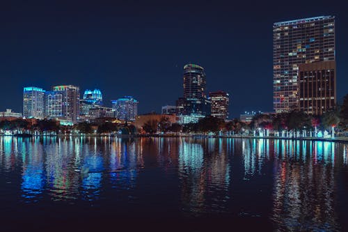 City Skyline Near Body of Water during Night Time