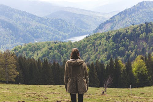 Photo of Woman Wearing Jacket Standing Near Forest Trees