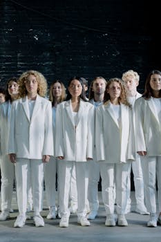 Group of diverse individuals standing in white suits against a black brick wall.
