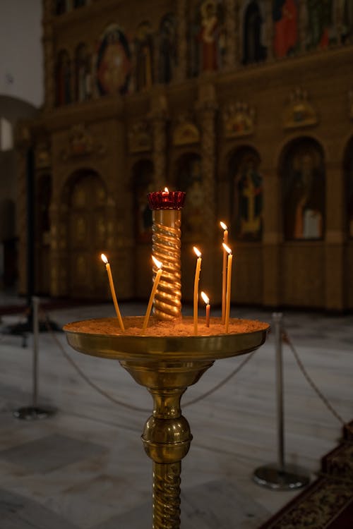 Close-up of a Candle Cresset with Lighted Candles