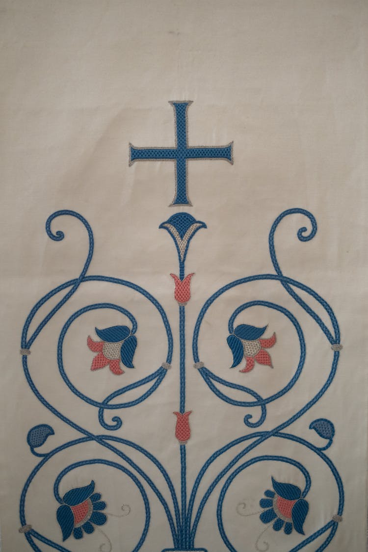 Ornamental Christian Religion Drawing Presenting Cross And Floral Details